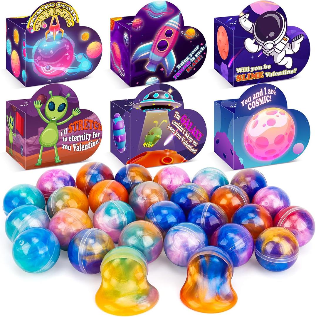30 Pack Valentines Day Gifts for Kids Classroom - Galaxy Slime Valentines for Kids with Valentine Day Cards for School, Class Valentine's Day Exchange Gifts