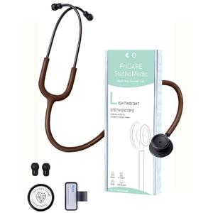 FriCARE Dual Head Stethoscope - Stethoscopes for Nurses, Medical Nursing Students, Paramedics/EMT/LVN/VNA Backup Estetoscopio, Earth Brown Tube Matte Black Finish Chestpiece