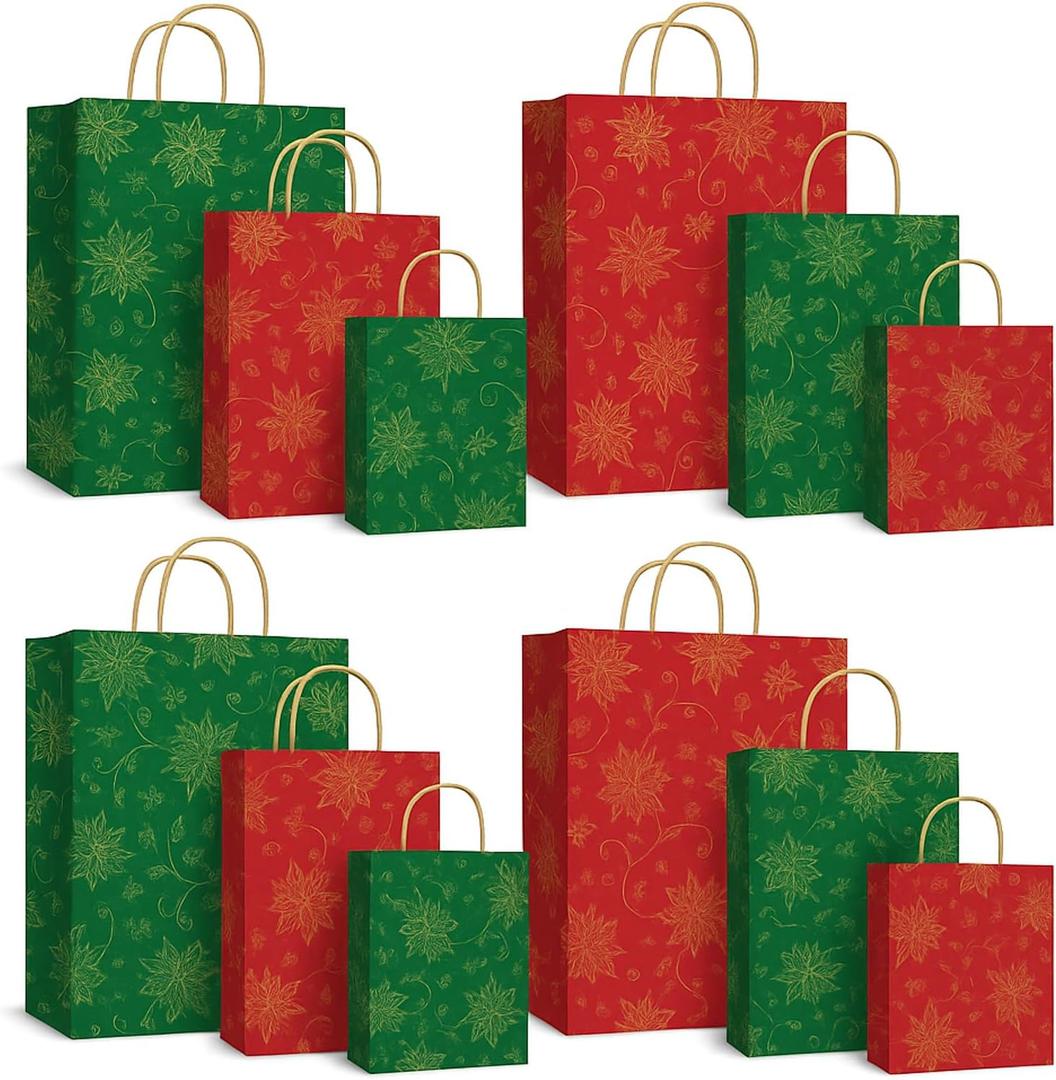 Gilprop 12 Red and Green Christmas Gift Bags Assorted Sizes 15" Extra Large Christmas Poinsettia Bags Bulk Holiday Wrap Decoration Storage Supplies for Home Presents Holiday Party Favors