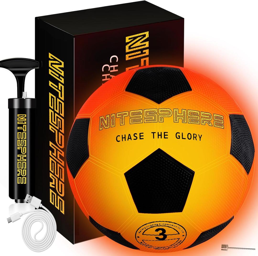 Light Up Soccer Ball: Glow in The Dark Ball with LED - Size 3 - Durable & Rechargeable Outdoor Sports, Birthday Gifts for Boys 6-8 8-12 - Fun Nighttime Activity Cool Stuff Kids Age 5 6 7 8