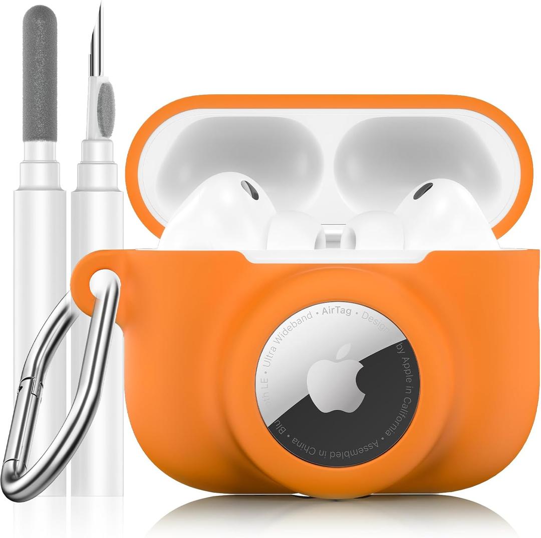 2 in 1 Silicone Case Compatible with AirPods Pro 3 and AirTag 2/1, Shockproof Protective Case Cover for AirPods Pro 3rd Generation 2025 with Cleaner Kit & Carabiner (Orange)