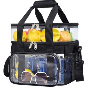 Clear Lunch Bag - Large Clear Lunch Bag for Work Double-Deck Reusable Lunch Bag with Adjustable Strap, Front Pocket and Top Compartment for Picnic, Beach, Work, School（3-6 People Use）