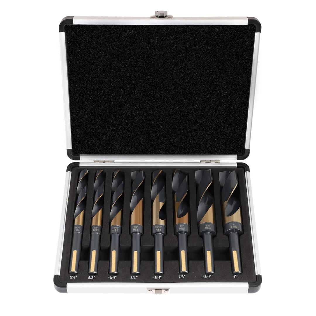 COMOWARE Reduced Shank Drill Bit Set, 8 Sizes from 9/16" to 1", HSS M2, Black & Gold Drill Bit with 3-Flat 1/2" Shank, 135 Split Point, Drills Bits for Metal/Plastic/Wood, with Storage case