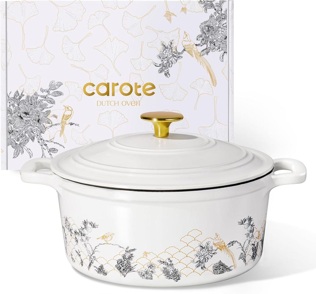 CAROTE Cast Iron Dutch Oven Pot with Lid, 5QT Enameled Floral Dutch Ovens with Gift Box, Cast Iron Pot for Sourdough Bread Baking, Braising, Stews, Roasting, All Stovetop Compatible, Oven Safe, White
