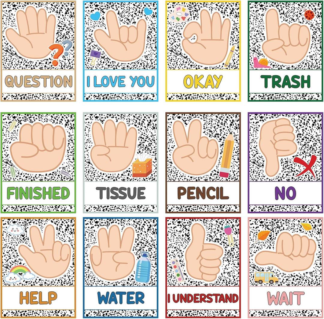 2 x 12 Pcs Classroom Hand Signal Cards Signal with Glue Dots Composition Notebook Signals Posters for Teachers Students Visual Cues Decoration, School Kindergarten Bulletin Board Nonverbally Communicate Supplies, 5.9 x 7.8 inches