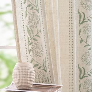 jinchan Winslow Linen Curtains for Bedroom 96 Inches Length Embroidered Bordered Floral Curtains for Living Room Farmhouse Decor Light Filtering Window Treatments Sage on Beige Drapes 2 Panels