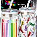 Dragon Glassware Wheel of Fortune Drinking Glasses - 16 oz Glass Cups with Lids and Straws Set of 2 - Clear Iced Coffee Cups with Lids - Reusable Glass Tumbler with Straw and Lid