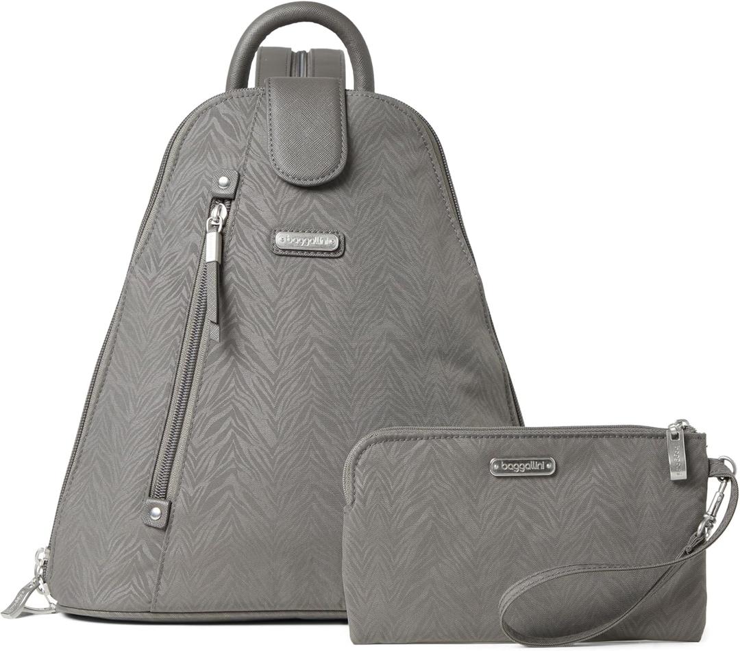 Baggallini Metro Backpack with RFID Phone Wristlet - 9x11 Convertible Sling Bag for Women with Adjustable Shoulder Straps (Pewter Zebra)