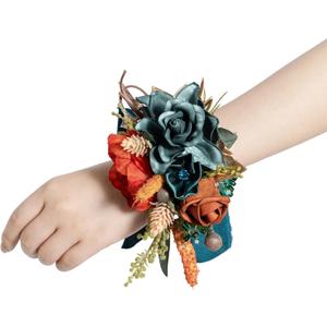 Ling's moment 2pcs Homecoming Wedding Wrist/Shoulder Corsage Artificial Flower, Girl/Mother Prom Corsage Wristlet Dcor, etc. Dark Teal Orange