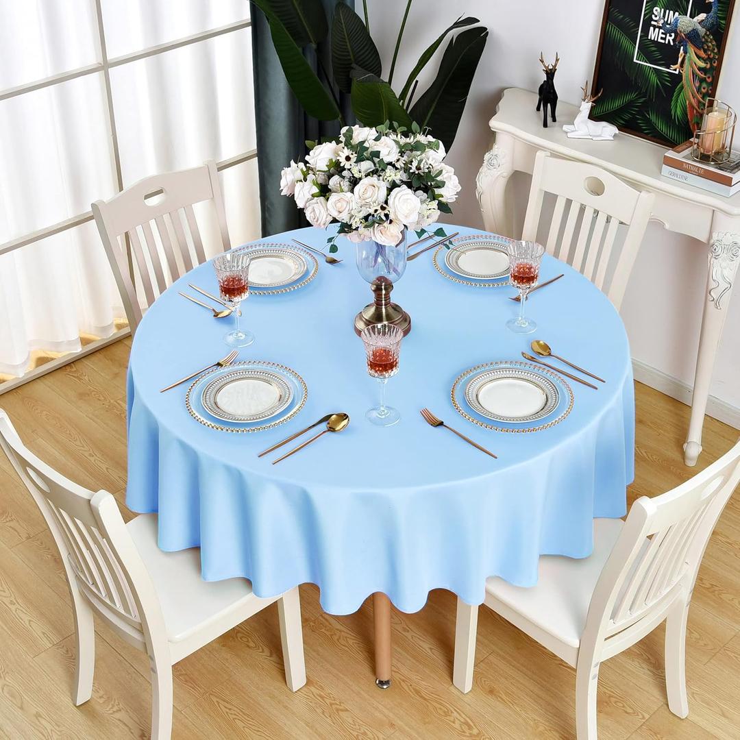Baby Blue Round Tablecloth Waterproof Stain Resistant Wrinkle Free Table Cloth 210GSM Polyester Washable Wipeable Table Cover for Party, Banquet, Wedding, Indoor and Outdoor (60 inch, Circle)