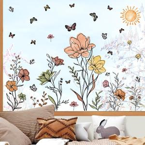 Wildflower Flowers Window Decals Boho Double-Sided Window Clings for Glass Anti-Collision Windows Decal to Save Birds for Living Room Peel and Stick Butterflies Floral Line Sticker for Bedroom Kitchen