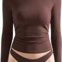 OMKAGI Women Long Sleeve Shirts Cotton Ribbed Fitted Basic Tops Crewneck Y2K Top (Brown, XL)