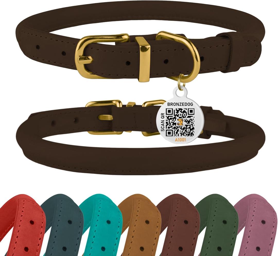 BronzeDog Rolled Leather Dog Collar with QR ID Tag, Adjustable Soft Round Collars for Small Medium Large Dogs Puppy (14" - 16" Neck Size, Brown)