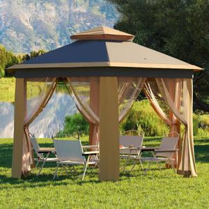 13 x 13FT Pop Up Gazebo, Hexagonal Outdoor Canopy Shelter, Instant Patio Gazebo Tent with Mesh Netting and Strong Steel Frame for Patio Backyard Garden Wedding Party, Khaki+Beige