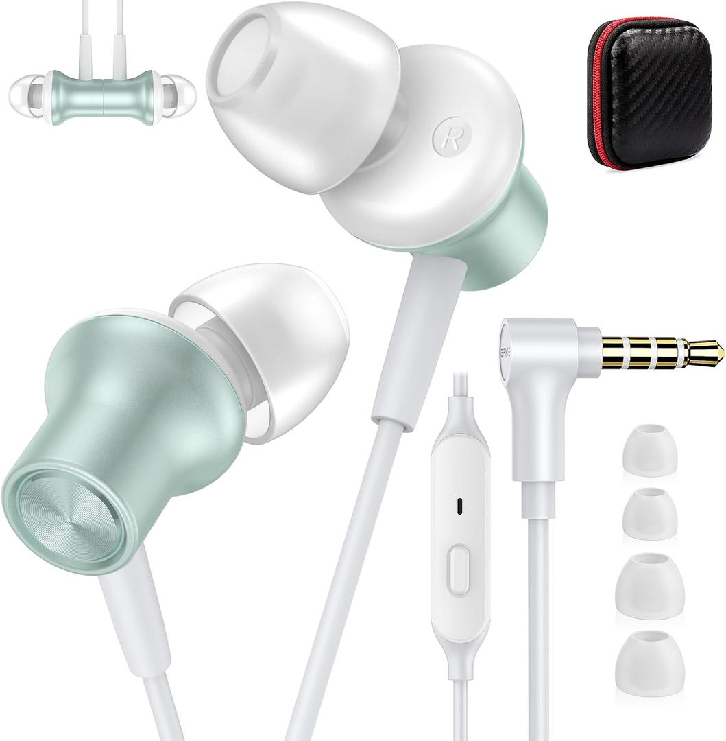 ASKUBSKU Noise Isolating Wired Earbuds for Chromebook Laptop PC, Ear Buds Wired with 3.5mm Plug in Audio Jack Mic/Mute HiFi Stereo Wire Headphones Corded Earphone for Kindle Fire/Switch School, Green