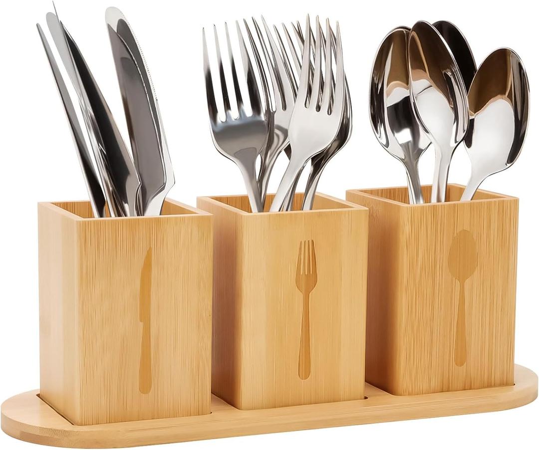 Qivine Acacia Wood Utensil Holder, Wooden Silverware Holder Countertop Utensil Organizer Silverware Organizer with Tray, Kitchen Utensil Organizers for Forks, Spoons, Knives (Bamboo)