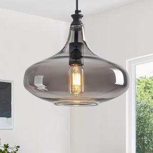 Modern Glass Pendant Light 10.63 in Light Grey Glass Shade Black Farmhouse Island Pendant Lights for Kitchen Pendant Lighting Over Sink Bedroom Dining Room, A Style 1-Pack
