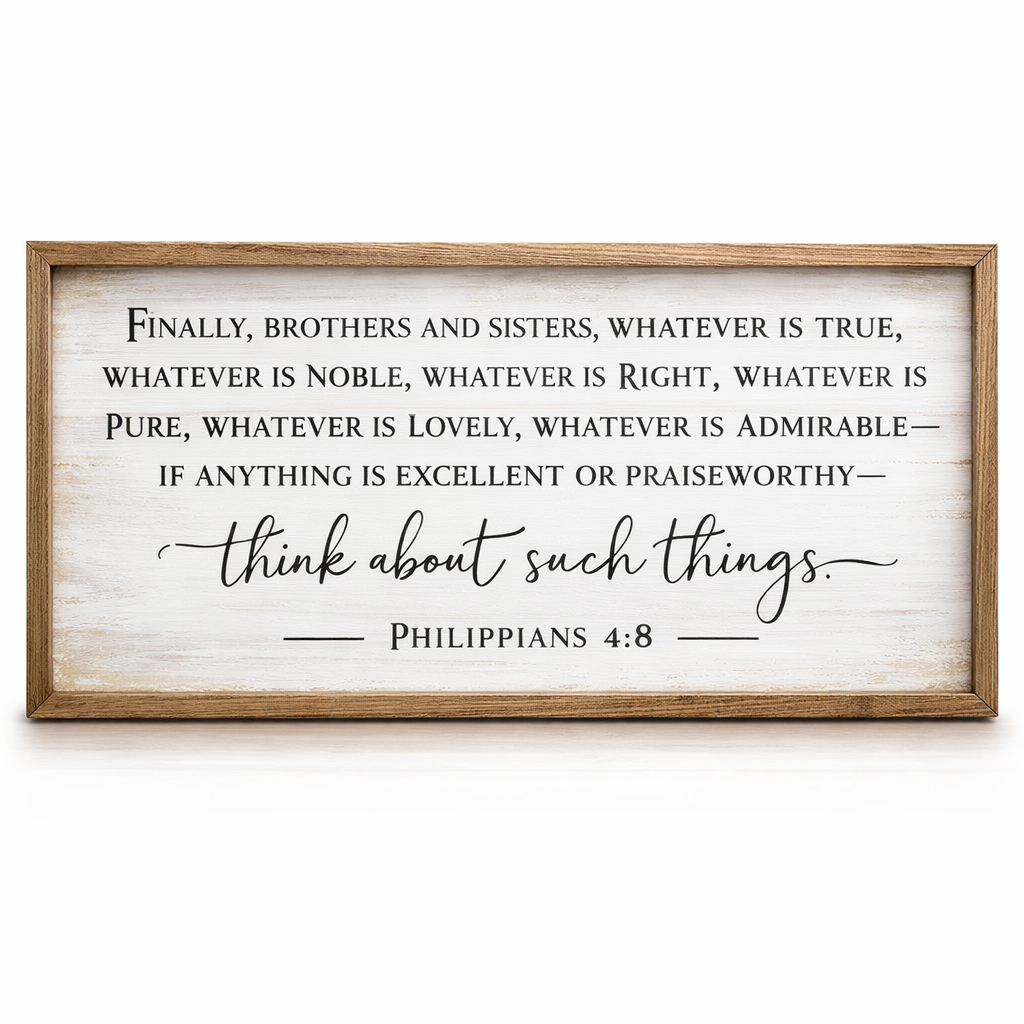 Philippians 4:8: Framed Wood Wall Decor 32x12 Inch, Rustic Farmhouse Hanging Art for Living Room, Entryway, Bedroom