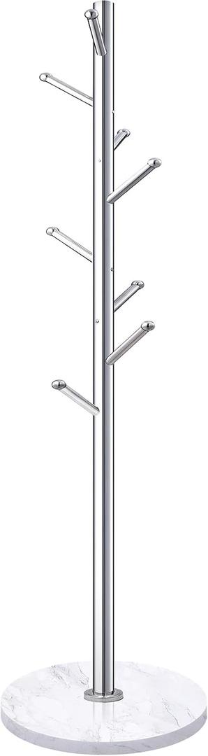 Homde Metal Coat Rack Stand with Natural Marble Base, Stainless Steel Freestanding Clothes Tree Hanger with 8 Hooks, Hall Hanger for Coat Jackets Hat Scarves Handbags Entryway Bedroom (Silver)