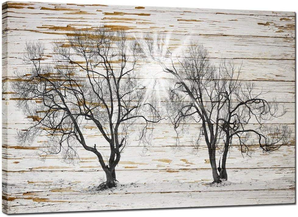 sechars - Rustic Tree Picture Canvas Print Vintage Farmhouse Living Room Decor Rural Countryside Landscape Painting Artwork Framed - 24"x36"