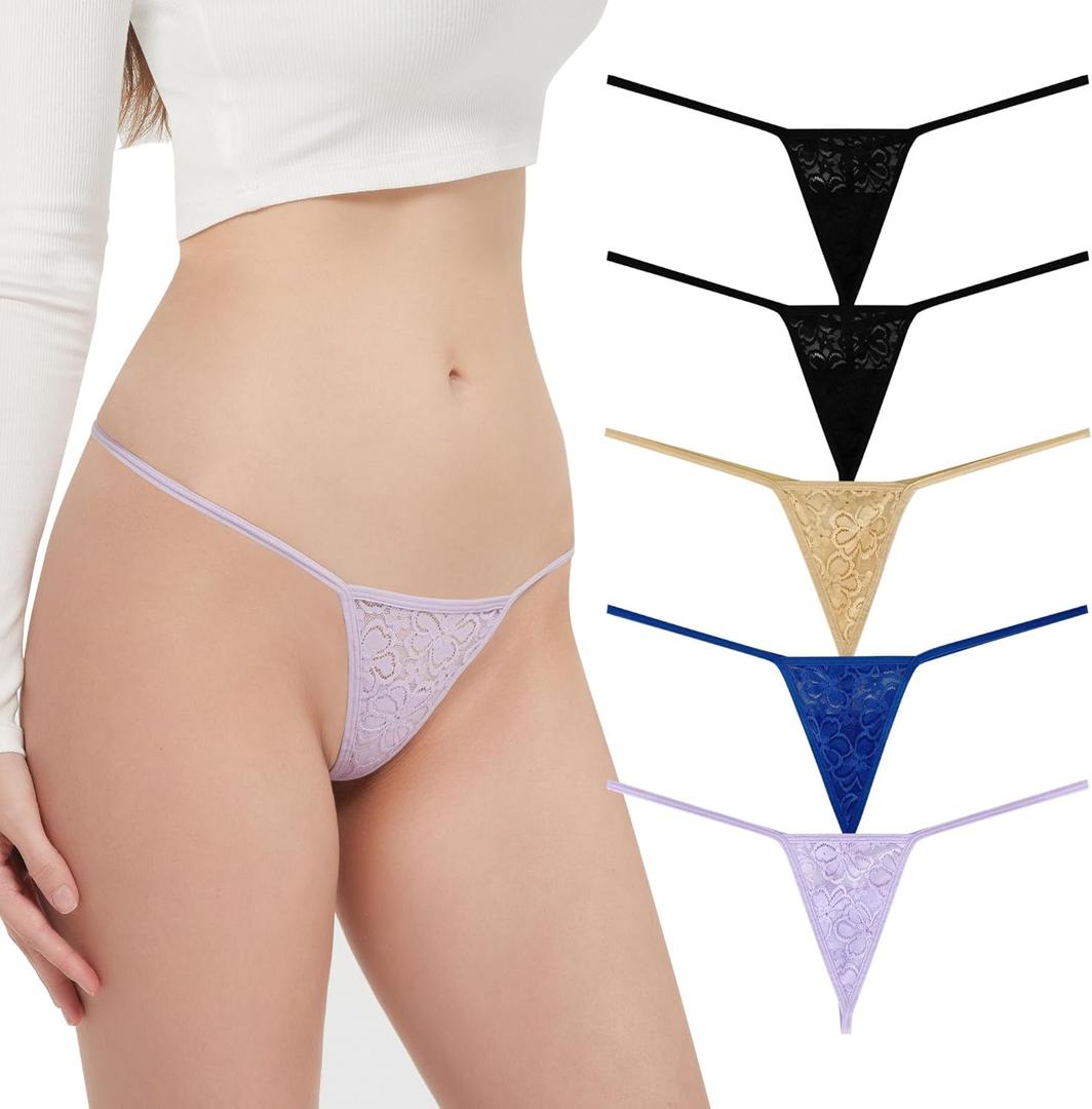 GAREDOB Lace G String Thongs for Women Sexy Low Waist Comfortable Strappy Thong Panties Black Beige Violet Blue Size S
