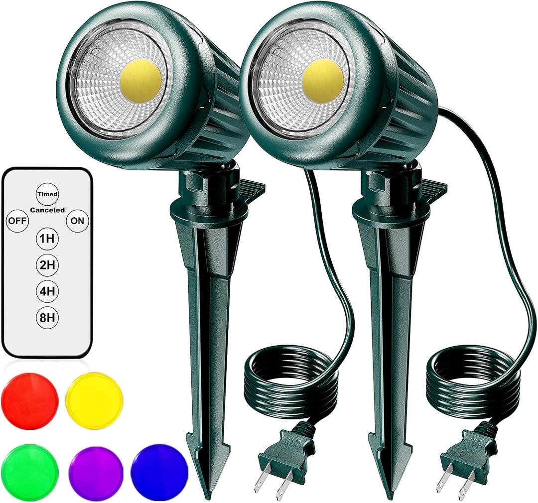 Outdoor Spot Lights for Yard,120V Plug-in with Timer Remote Control, IP67 Waterproof 6000K Landscape Lighting, 5 Color Lenses (Red, Yellow, Green, Blue, Purple) Yard Decorative Lights,2 Pack