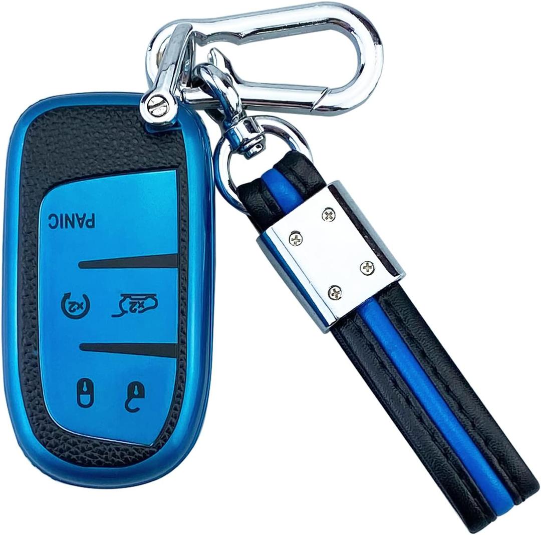 Key Fob Case Cover Compatible With Jeep Grand Cherokee Renegade Compass Chrysler 200 300 Dodge Ram RAM Durango Charger Challenger Journey Darts Fiat Accessories (Blue Suit)