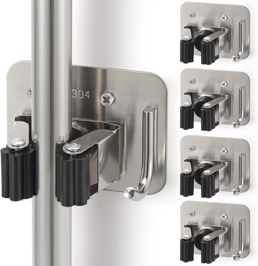 Broom Holder Wall Mount Screw Drilling, Sturdy Heavy Duty Stainless Steel Mop Gripper Rack Perforated, Perfect for Laundry Room Organizer, Fit with Laundry Kitchen Garage Garden Storage System (Silver-Black)