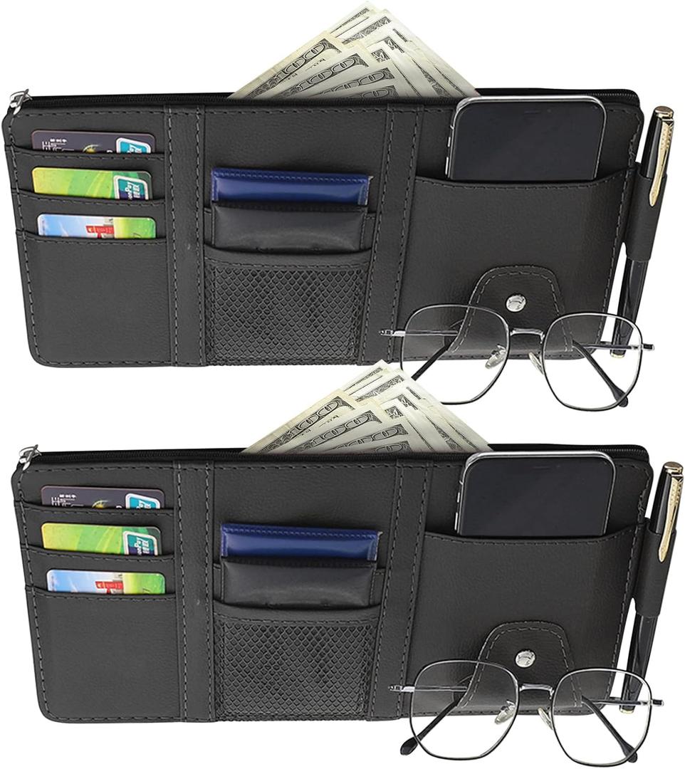 2 Packs Car Sun Visor Multi-Pocket Organizer for SUV & Truck, Auto Visor Storage Pouch with Big Zipper Pocket, Card Sleeve, Driving License, Insurance, Sunglasses, Pen, Key, Lipstick