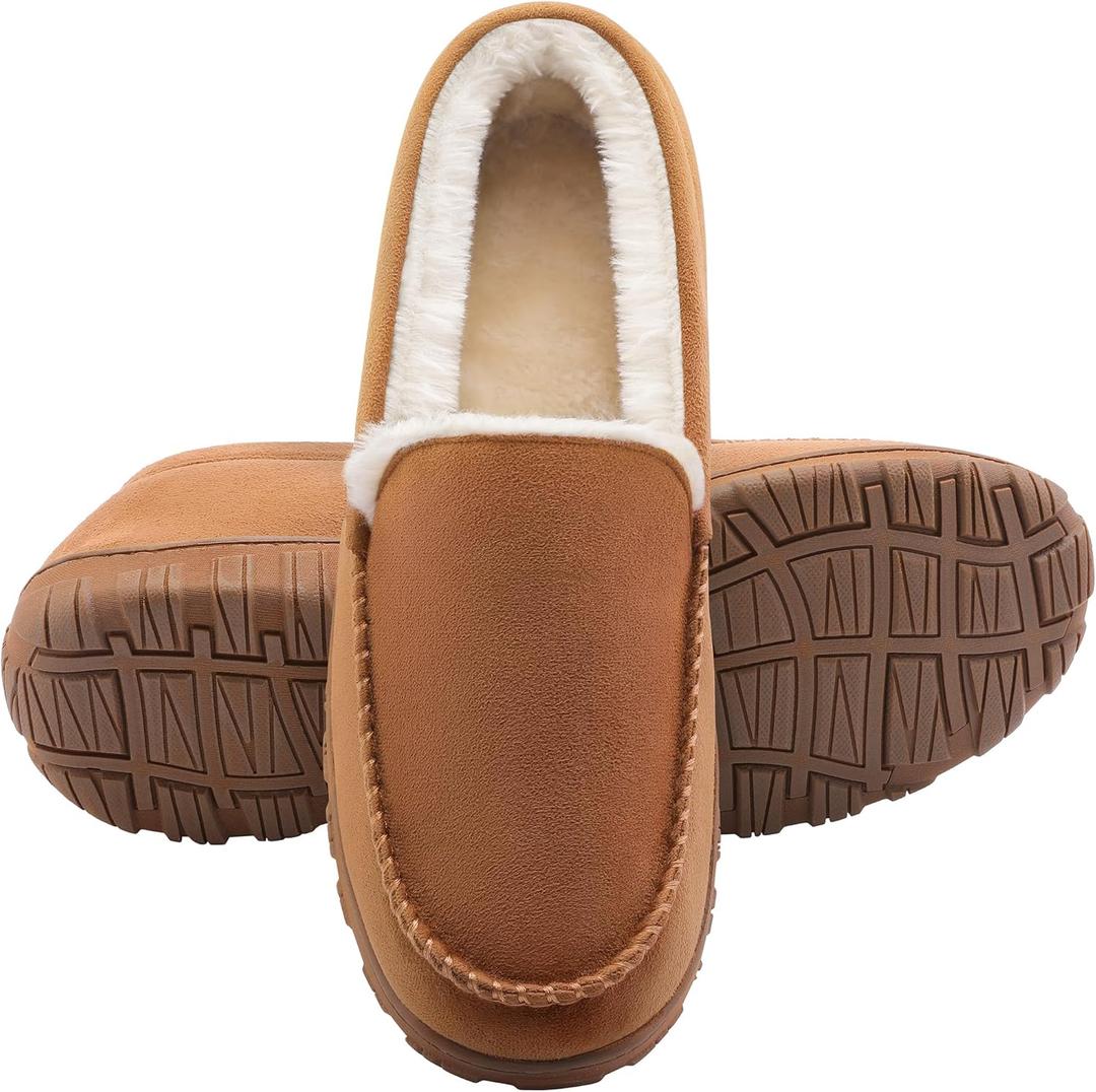 shoeslocker Men's Slippers Warm Soft Plush Memory Foam House Slippers for Men Comfortable Bedroom Moccasin Slipper Non-Slip Indoor Outdoor (9, Beige)