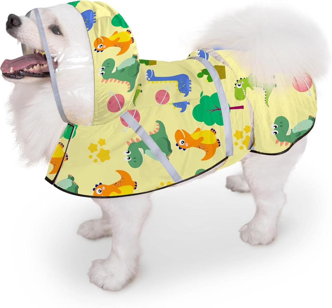 Dog Raincoat, Adjustable Rain Jacket with Hooded Double Layer for Large Medium Small Dogs Puppies, Lightweight Waterproof Rain Coat Poncho with Reflective Stripe Dinosaurs (Yellow, M)