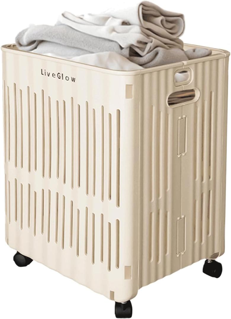 50L Rolling Laundry Basket with Wheels & Handle, Compact Plastic Hamper for Small Spaces, Modern Clothes & Toy Organizer for Dorm, Bathroom, or Apartment