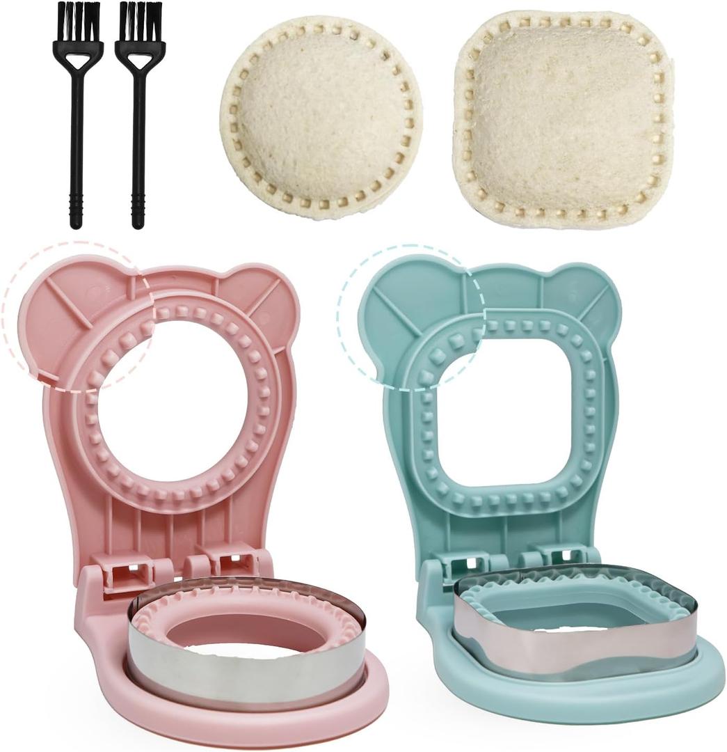 2Pcs Uncrustable Sandwich Cutter,Round&Square Uncrustable Sandwich Maker,Crustless Sandwich Cutters with Brush,Sandwich Cutter and Sealer for DIY Breakfast Lunch Picnic(Blue S+Pink R)