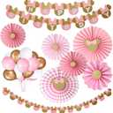 38pcs Minnie party supplies Decor Pink and Gold Minnie Paper Fans Minnie Garland Minnie Happy Birthday Banner Balloons for Girls 1st 2nd 3rd Birthday Decor
