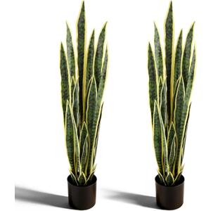 3.28FT Artificial Snake Plant 2 Pack, Faux Sansevieria with 28 Lifelike Leaves in Black Pot, Indoor Outdoor Tall Greenery for Home Office Garden Decor