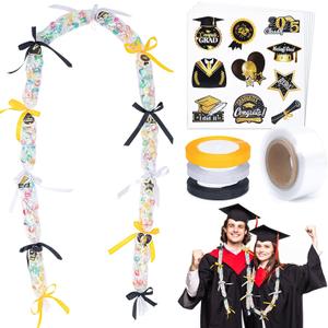 Graduation Candy Lei Making Kit-394 Ft Candy Leis for Graduation 2025 Graduation Leis Decor with 3 Rolls of Black/Gold/Silver Ribbons and 200 Graduation Stickers for Graduation Party Gift