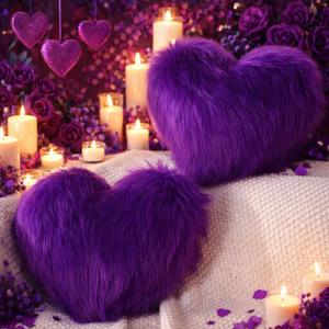 Maitys 2 Pcs Heart Shaped Pillows 12 x 16 Inch Faux Fur Throw Fluffy Cute Soft Throw Pillows Decorative with Insert for Anniversary Bedroom Living Room Sofa Couch (Violet)