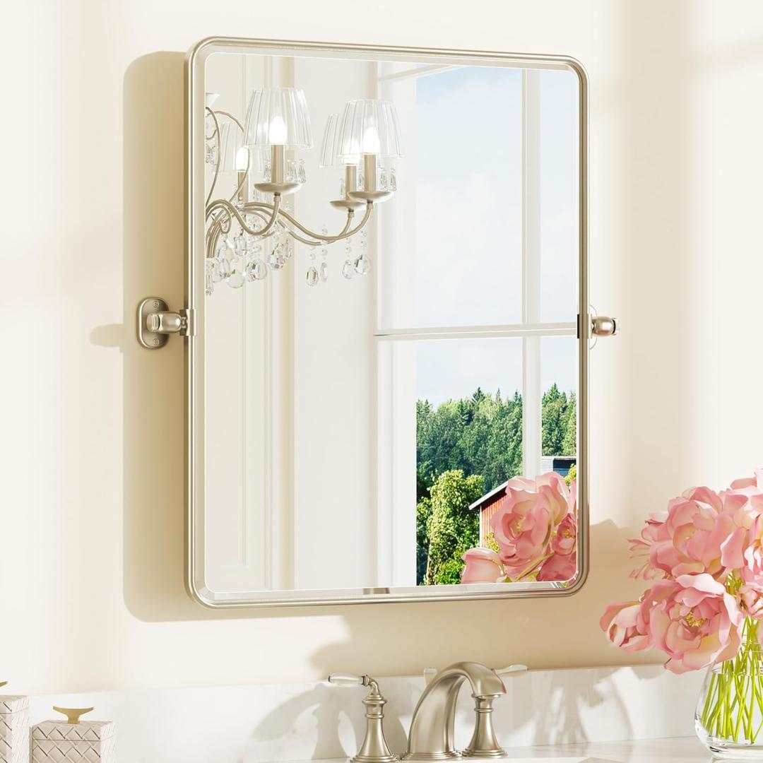 Keonjinn 24x30 in Brushed Pivot Mirror, Tilt Beveled Mirror Bathroom, Rectangular Sturdy Modern Silver Tilt Mirrors, Rounded Corner Aluminum Framed Vanity Mirrors for Wall (Horizontal/Vertical)