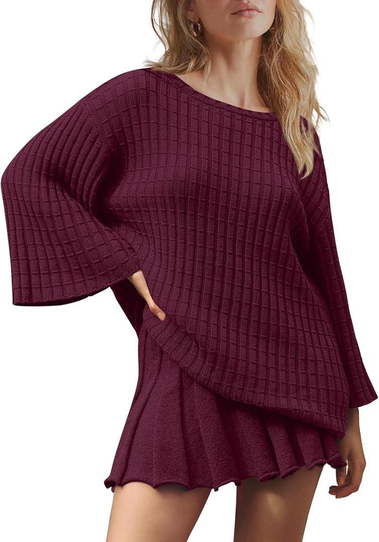 LAMISSCHE Womens Lounge Set Oversized 2 Piece Sweater Skirt Sets Long Sleeve Knit Top Pleated Skirts (X-Large, Ancora Red)