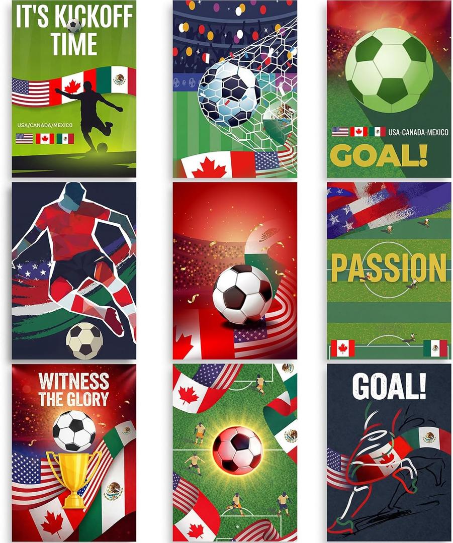 2 x Gueevin 9 Sheets International Soccer Posters Tournament Wall Art 8 x 12 Inches USA Canada Mexico Football Flag Sports Room Decoration, Soccer Party Supplies for Boys Bedroom, Bars, Classroom