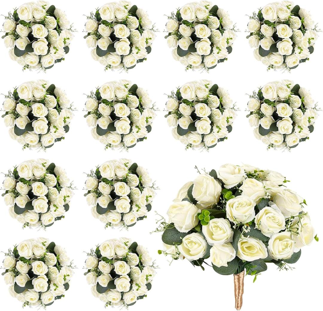 12 Bundles Eucalyptus Leaves Rose Artificial Flowers Sage Green Boho Faux Fake Roses Bouquet with Ribbon for Wedding Table Centerpiece Floral Vase Home Office Bridal Decor