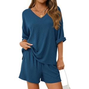 PRETTYGARDEN Womens 2 Piece Sets 2026 Oversized Vneck Half Sleeve Tops Shorts Lounge Set Casual Summer Travel Beach Outfits (Blue, S)