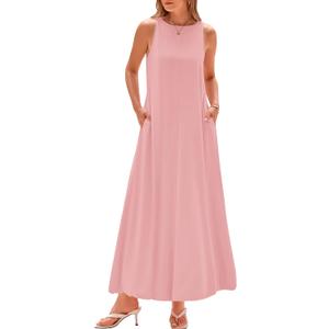 BTFBM 2025 Women Summer Vacation Dresses Sleeveless Crewneck Loose Beach Sundress Bubble Hem Tank Maxi Dress Pockets