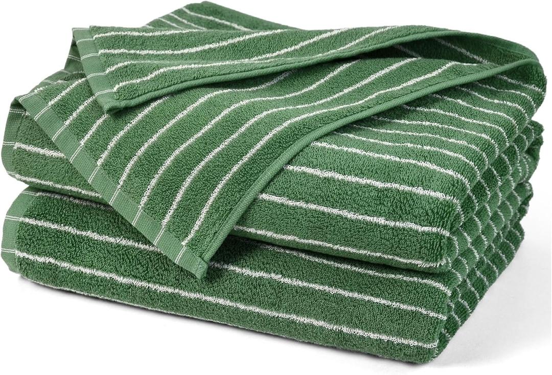 Jacquotha Bath Towels Pack of 2, Lighter & Quick Dry Towels Large 27.5 x 55 inches, Luxury Terry Cotton Towels for Bathroom Spa Swim, Forest Green & White Striped