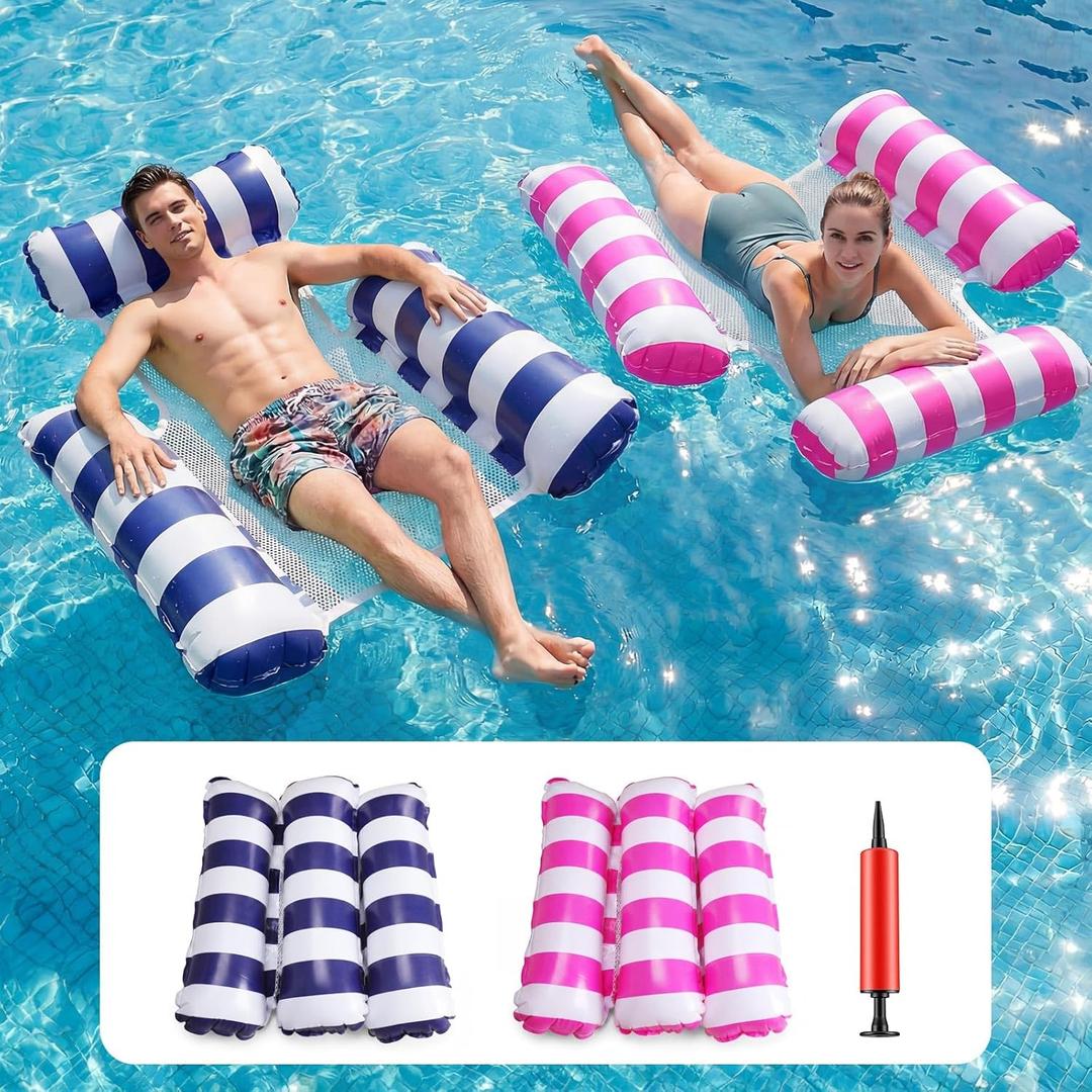 Inflatable Pool Floats Adult, 2 Pack Thick Pool Floaties Heavy Duty, Non-Stick PVC Rafts Chairs with Mesh Seat, Hammock Noodles Lounger for Summer Water Party Lake Beach