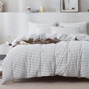 JELLYMONI 100% Natural Cotton 3pcs Striped Duvet Cover Sets, White Duvet Cover with Thin Black Stripes Pattern Printed Comforter Cover, with Zipper Closure & Corner Ties(Queen Size) (0608)