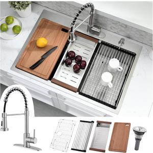 33x19 Drop In Kitchen Sink with Faucet Combo - 33 Inch Single Bowl Kitchen Sink Workstation, 10 Inch Deep Stainless Steel Topmount Sinks with Accessories