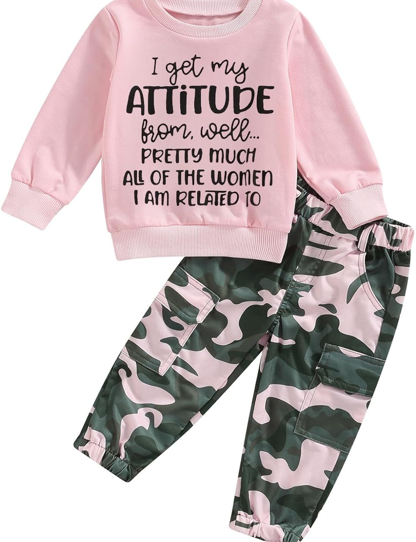 WZTYYDS Toddler Girls Clothes  Kids Fall Winter Outfits Letter Sweatshirt Pullover Tops Camouflage Pants Set, 120