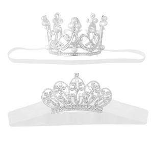 2 Pieces Baby Crown Baby Crystal Princess Tiaras Newborn Photography Props Children Headband Infant Elastic Hair Band Crown for Baby Girl Birthday Party (Silver)