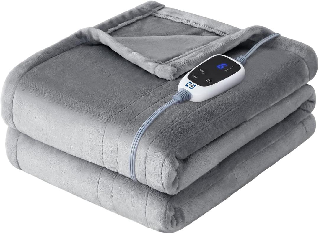Sealy Heated Throw Blanket, Flannel Electric Blanket Throw with 6 Heating Settings & 2-10 Hours Auto Shut Off, Fast Heating & Machine Washable for Home Office Use, 50x60 Inch, Light Grey